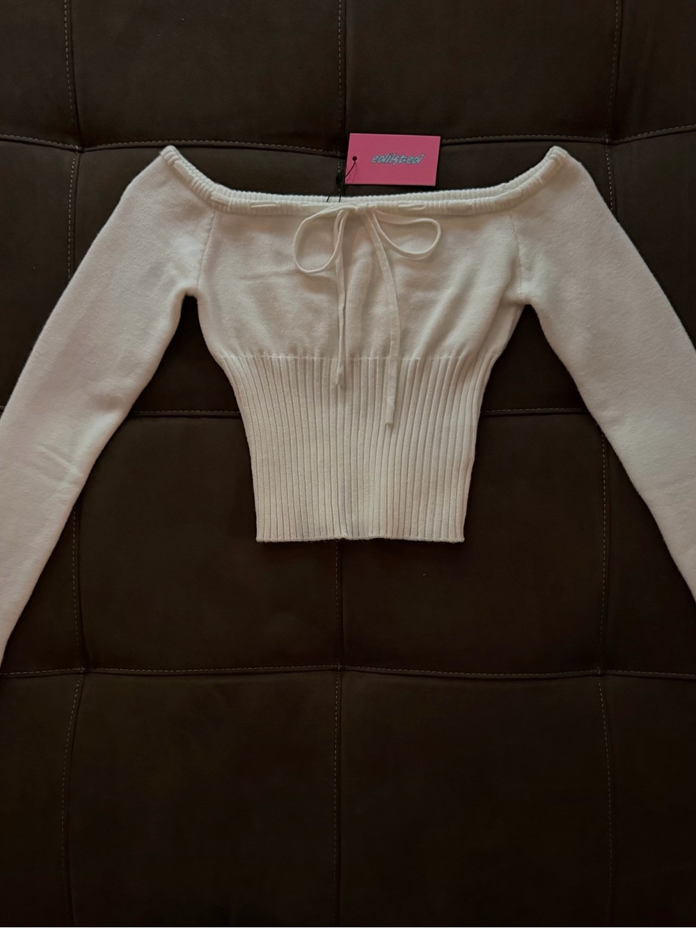 Edikted Cream Off-Shoulder Tie-Front Ribbed Waist Sweater